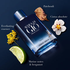 Armani Beauty Acqua di Giò Profondo closeup highlights blue lacquer and monogram finish for premium grooming.