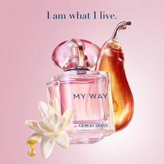 Armani Beauty My Way Nectar closeup shows pear and tuberose notes for a fresh floral impression.