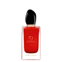 Armani Beauty Sì Passione bottle resting beside its golden ring, timeless elegance and confidence.