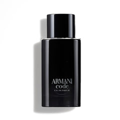 Armani Code EDP bottle with black-silver finish, premium masculine packaging for evenings.
