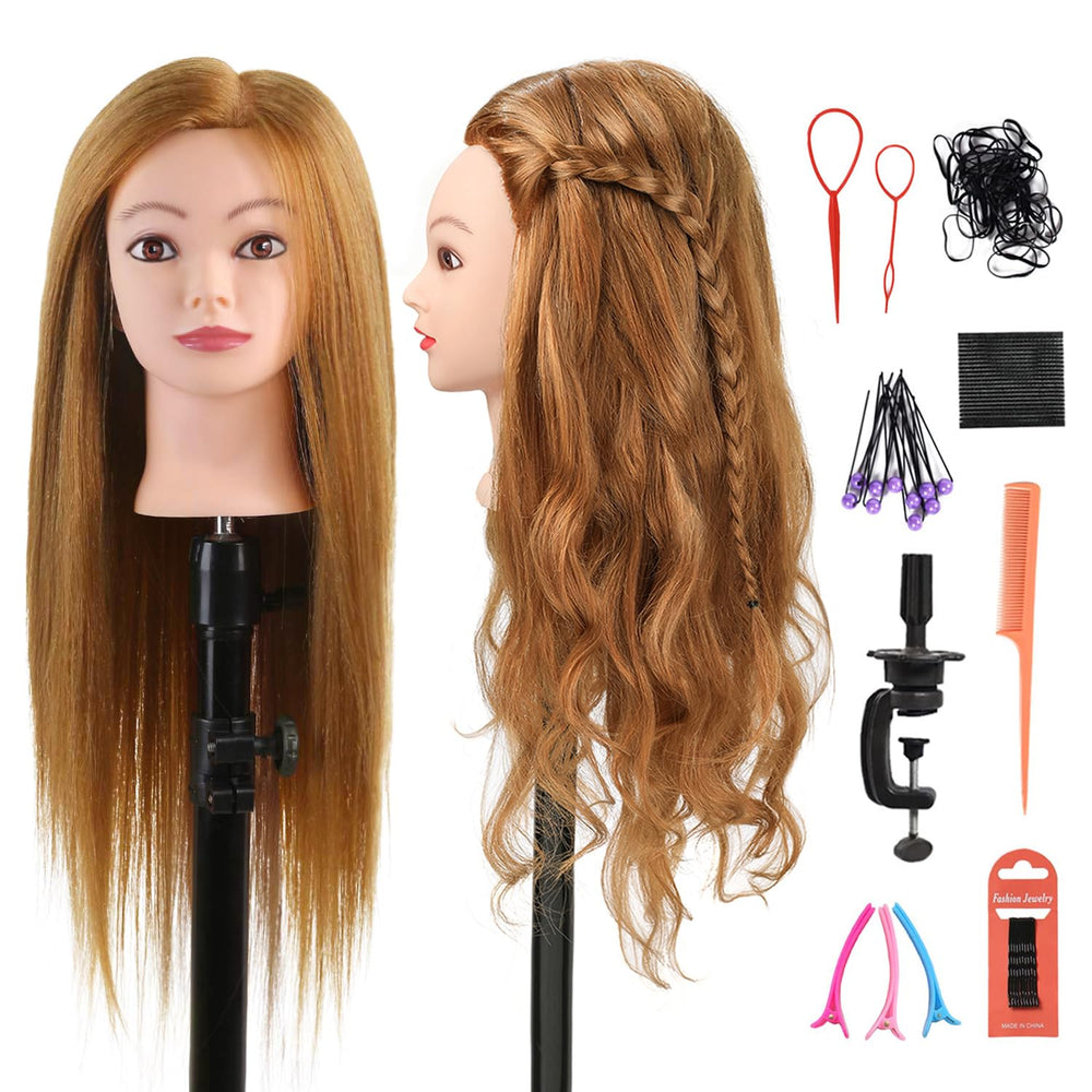 Armmu mannequin head with hair closeup showing silky honey-golden strands for realistic styling practice.
