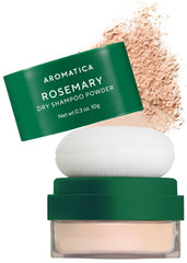 AROMATICA Rosemary Dry Shampoo Powder travel cap shows portable freshness for on-the-go styling and odor control.