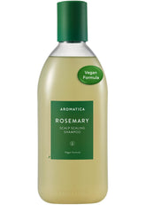 AROMATICA rosemary-scalp-scaling-shampoo bottle pour demonstrates daily cleansing and refreshing scent