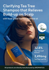 AROMATICA Clarifying Tea Tree Shampoo ingredients highlight natural tea tree and peppermint benefits.