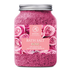 AROMATIKA rose bath salts 46oz packaging showcases natural ingredients for soothing relaxation.