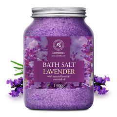 AROMATIKA sea salt lavender bath salts bottle closeup highlighting soothing lavender scent