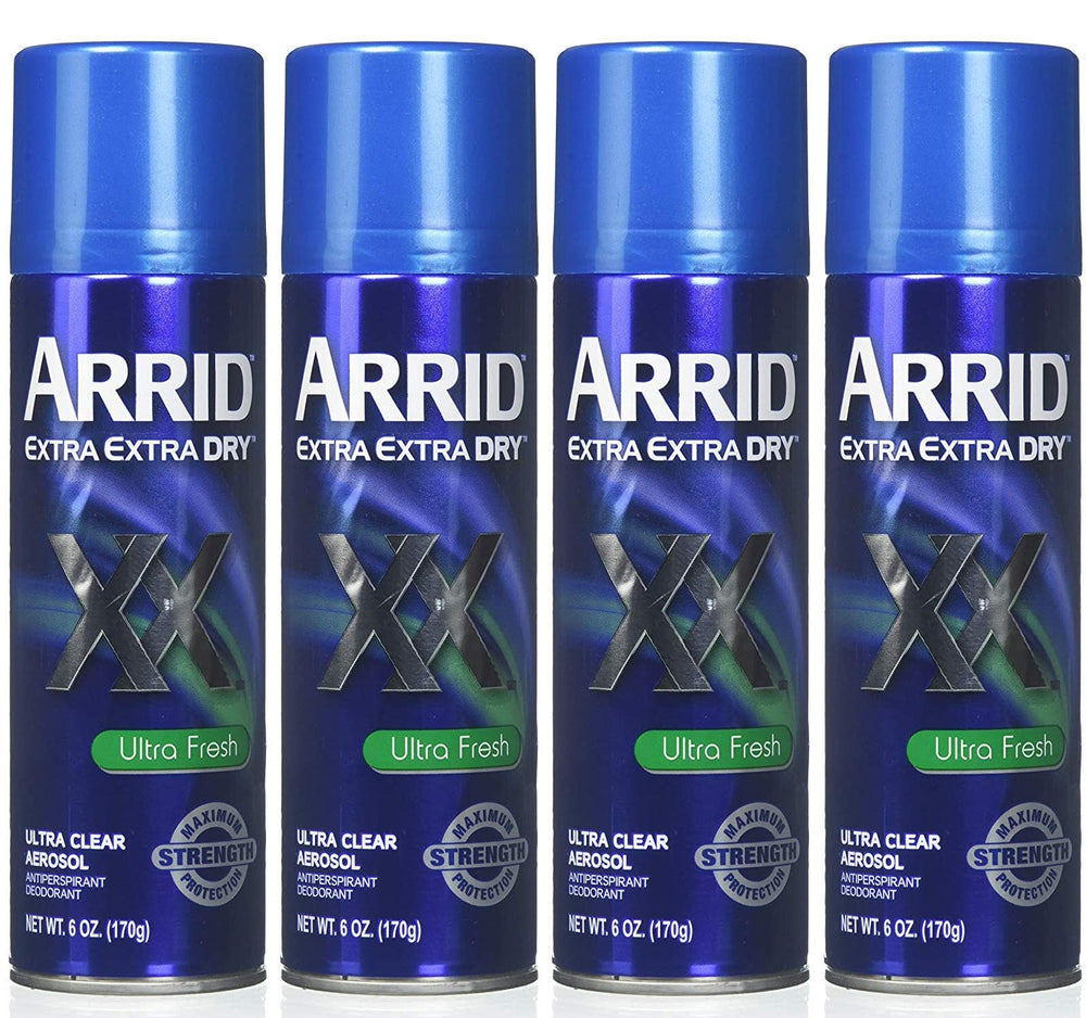 Arrid XX Ultra Clear spray bottle with Ultra Fresh scent for all-day protection.