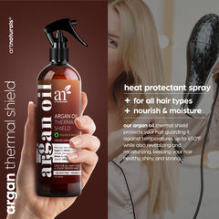 Close-up of Artnaturals heat protectant mist being sprayed for protection
