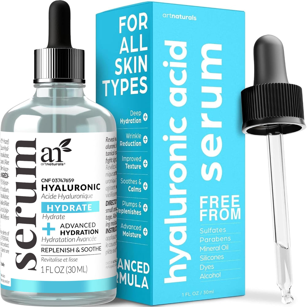 ArtNaturals Hyaluronic Acid Serum bottle for deep hydration and smoother skin.