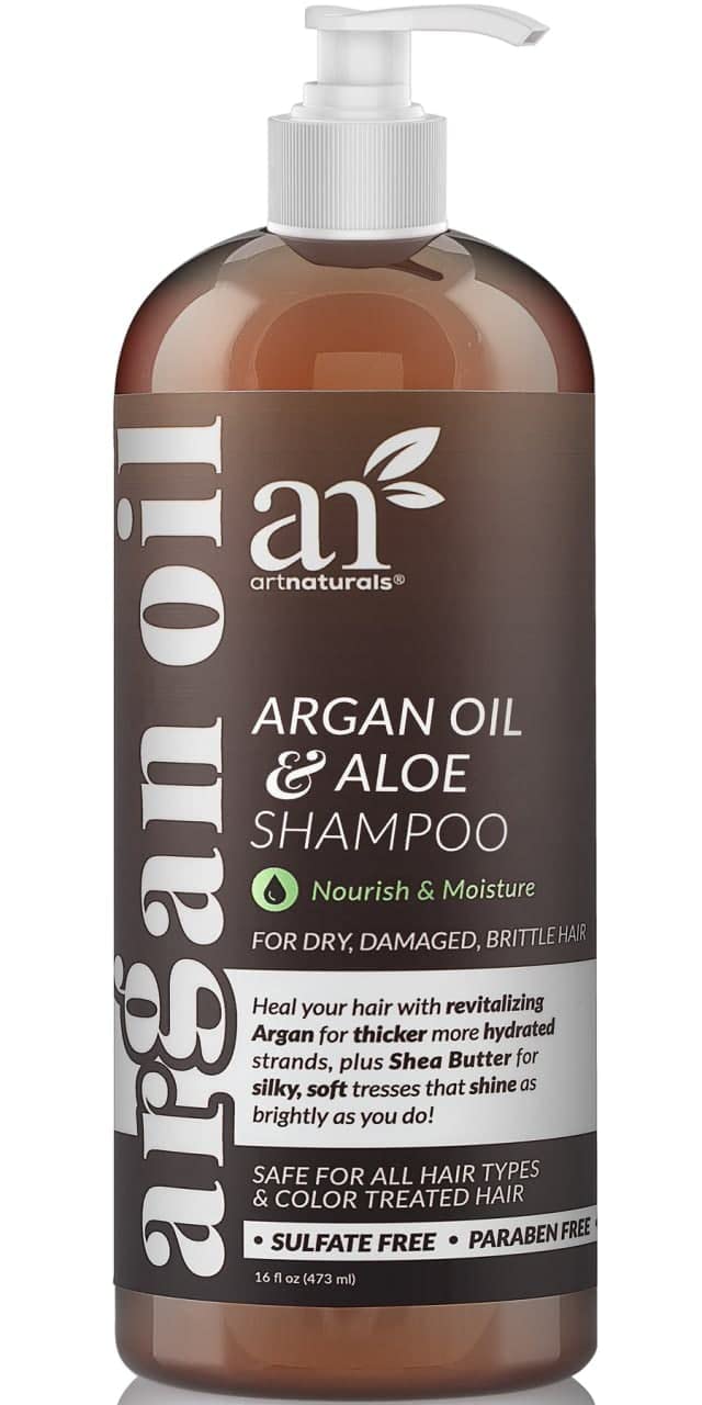 Artnaturals Moroccan Argan Oil Shampoo bottle showing sulfate-free formula for all hair types.