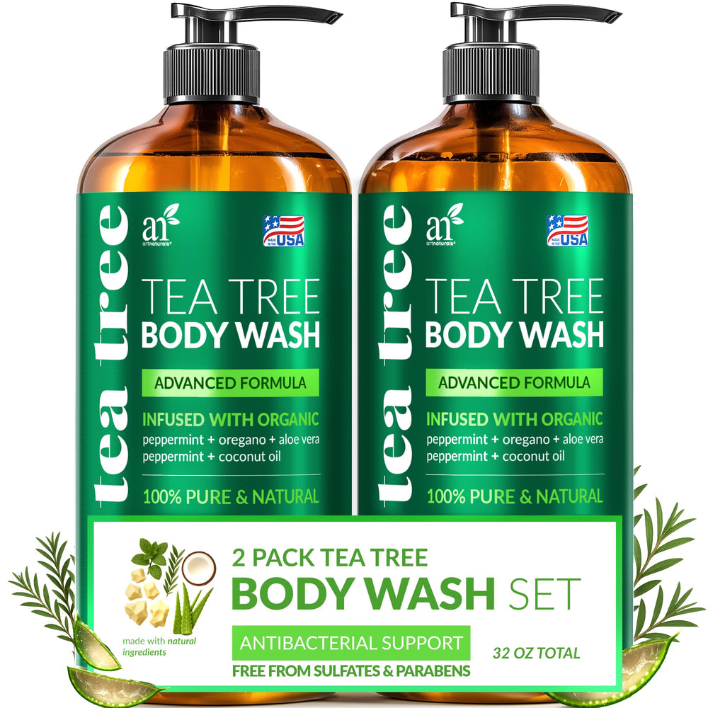 Artnaturals Tea Tree Oil Body Wash bottle pour for a refreshing antibacterial cleanse.