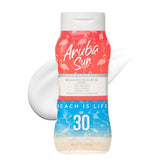 Aruba Sun SPF 30 sunscreen lotion bottle with a smooth, non-greasy feel.