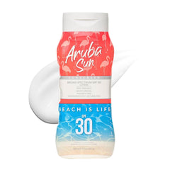 Aruba Sun SPF 30 sunscreen lotion bottle with a smooth, non-greasy feel.