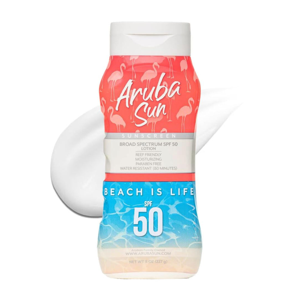 Aruba Sun SPF50 sunscreen lotion bottle showing broad SPF protection for daily outdoor use