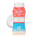 Aruba Sun SPF50 sunscreen lotion bottle showing broad SPF protection for daily outdoor use