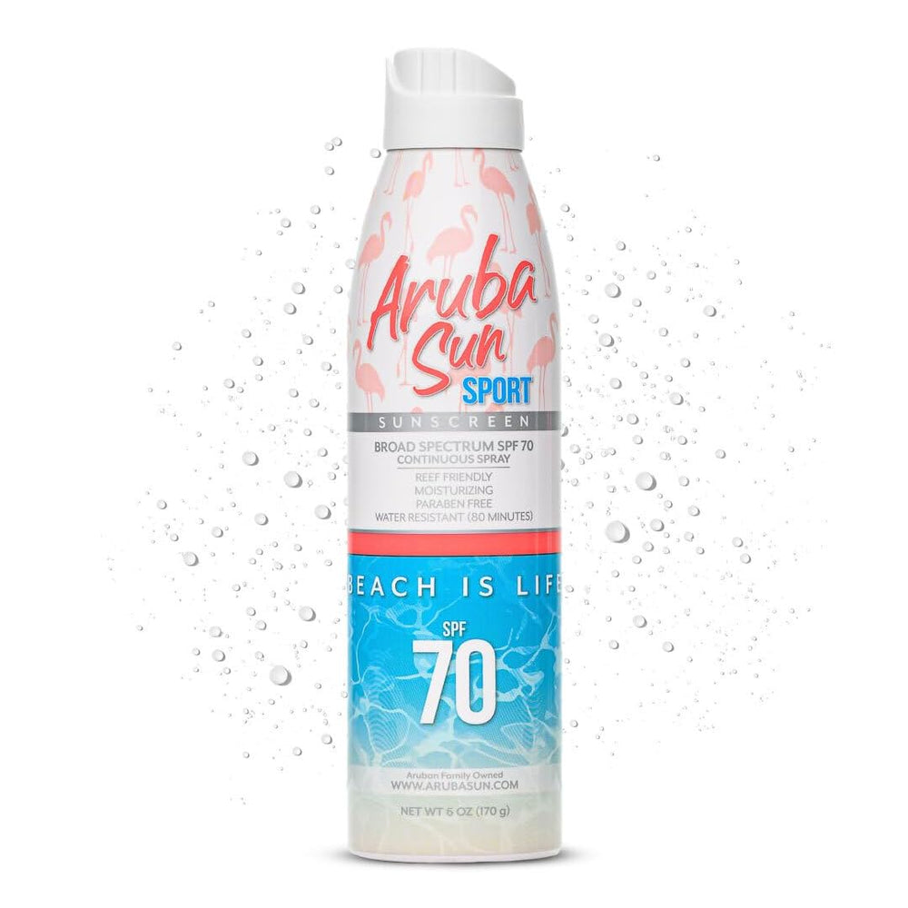Aruba Sun SPF70 sunscreen spray bottle for beach days with reef-safe protection.