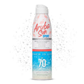 Aruba Sun SPF70 sunscreen spray bottle for beach days with reef-safe protection.