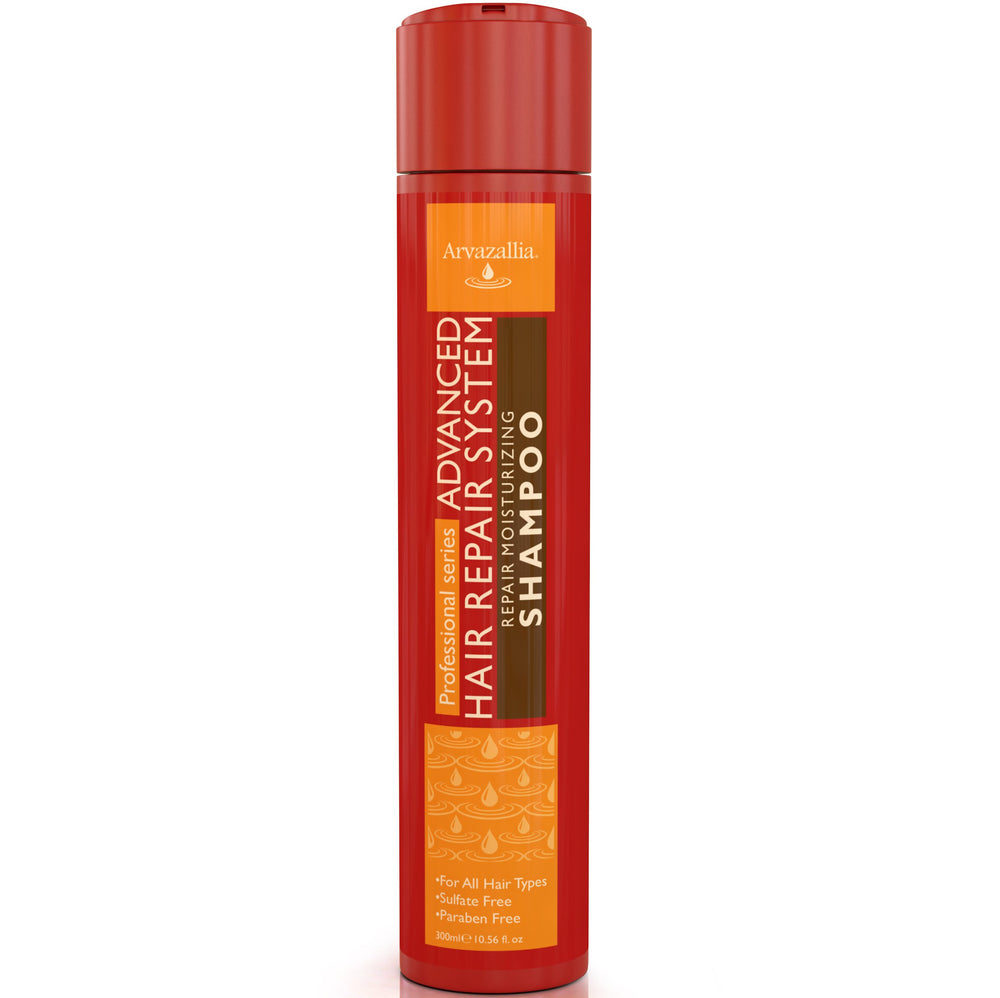 Arvazallia Advanced Hair Repair Shampoo bottle promoting smooth, hydrated hair