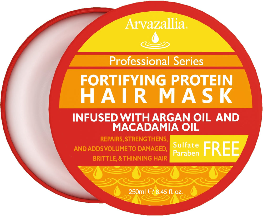 Arvazallia Fortifying Protein Hair Mask bottle shows salon grade repair for damaged hair
