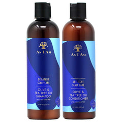 As I Am Dry and Itchy Scalp Shampoo bottle showcasing olive and tea tree for soothing relief.