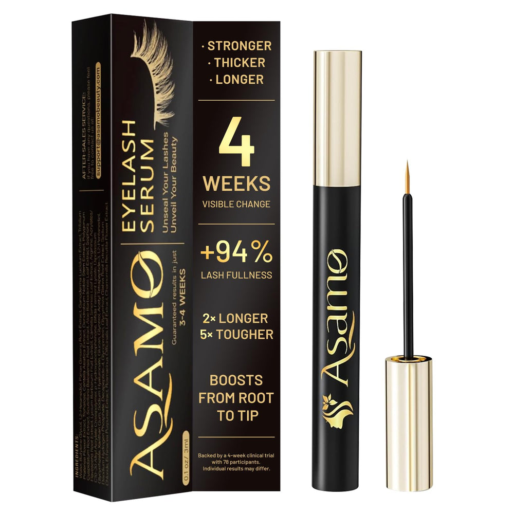 ASAMO eyelash serum bottle close-up on vanity for daily lash nourishment