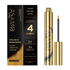 ASAMO Pure Gold eyelash serum bottle showing nourishing formula for fuller lashes.