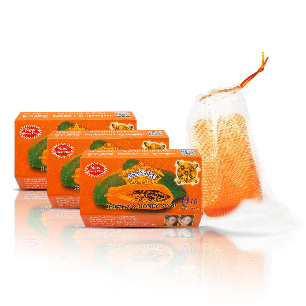 ASANTEE Papaya and Honey soap packaging front showing natural ingredients for daily cleansing