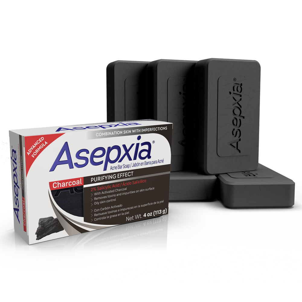 Asepxia salicylic acid bar soap packaging demonstrating compact acne care in a 4 oz bar.