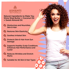 Ashanti Naturals coconut-infused butter image emphasizing quick absorption and radiant skin.