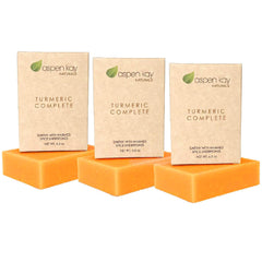 Aspen Kay Naturals turmeric soap bar packaging closeup showing natural ingredients
