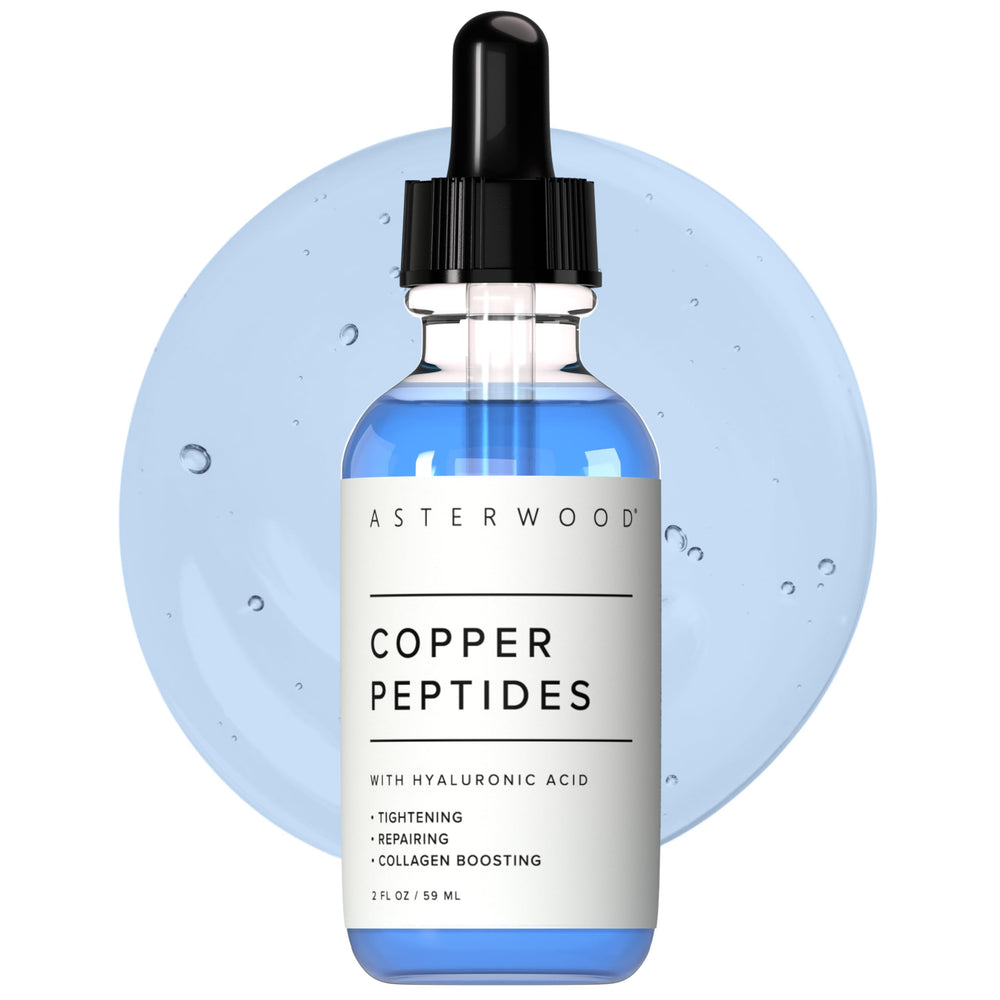Asterwood copper peptides serum bottle closeup, signaling quick absorption for daily use.