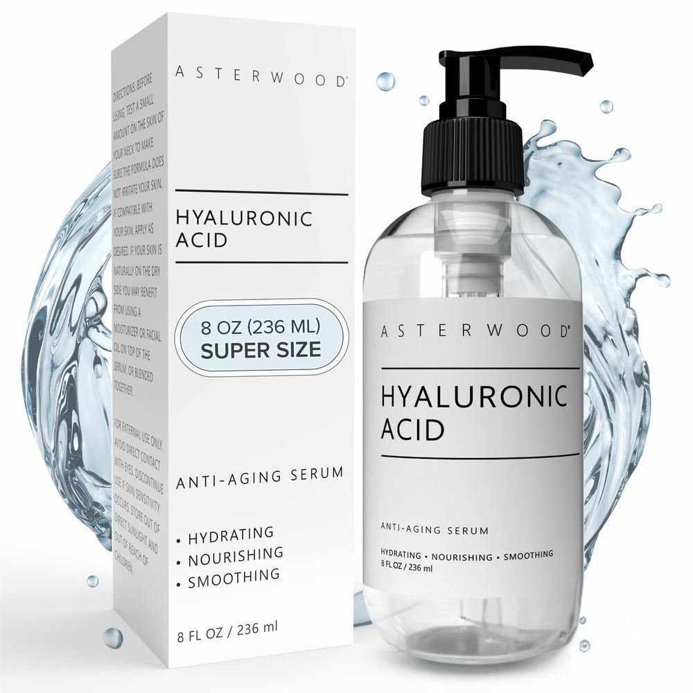 Asterwood hyaluronic acid serum bottle closeup showing hydration-friendly formula for daily use