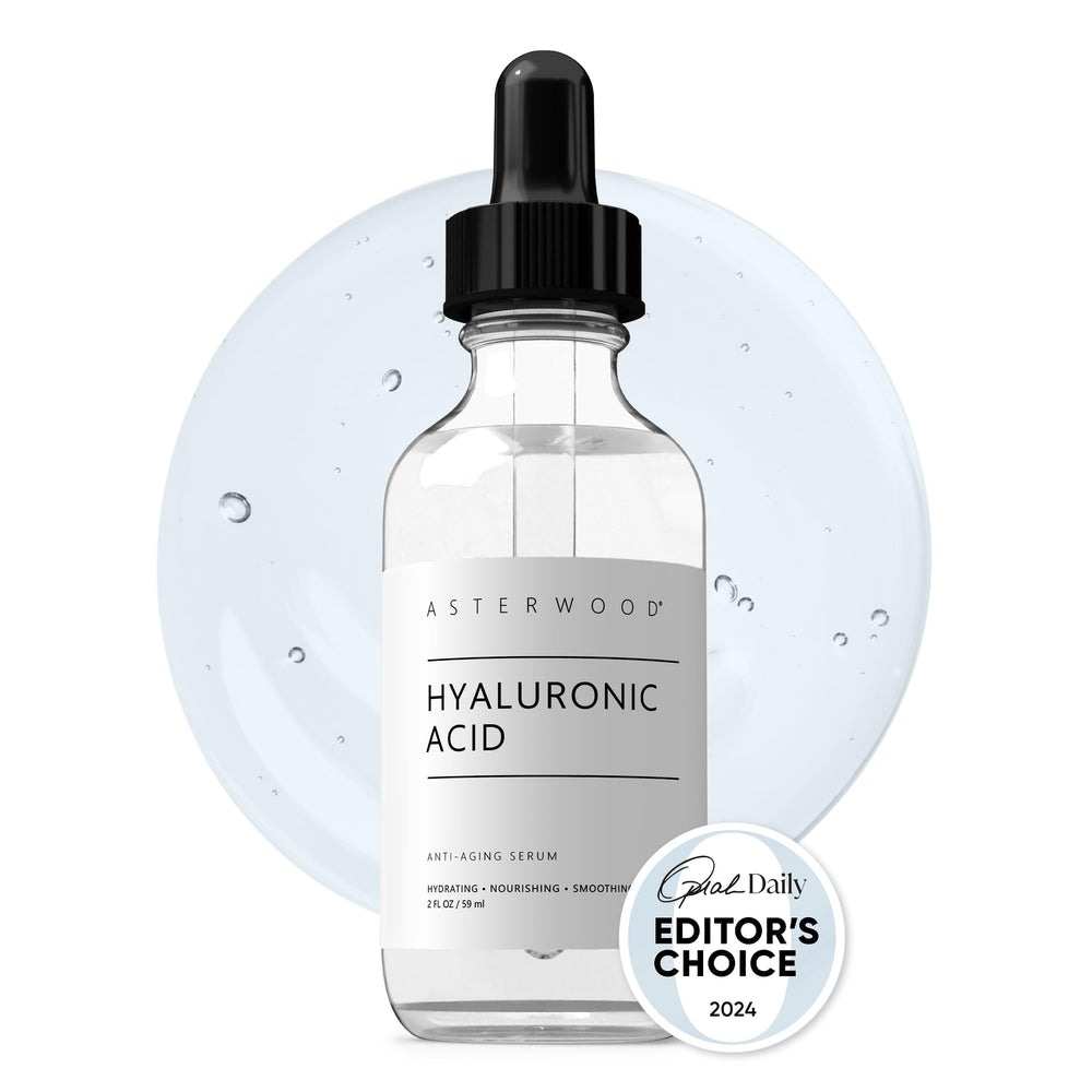 Asterwood Hyaluronic Serum bottle close-up highlighting fragrance-free hydration for the face.