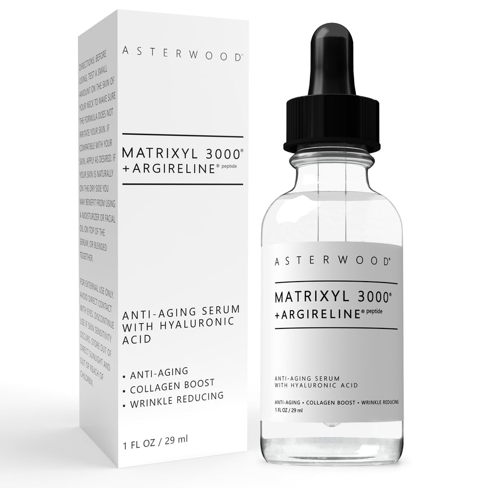 Asterwood Matrixyl 3000 + Argireline serum bottle demonstrates fragrance-free anti-aging routine.