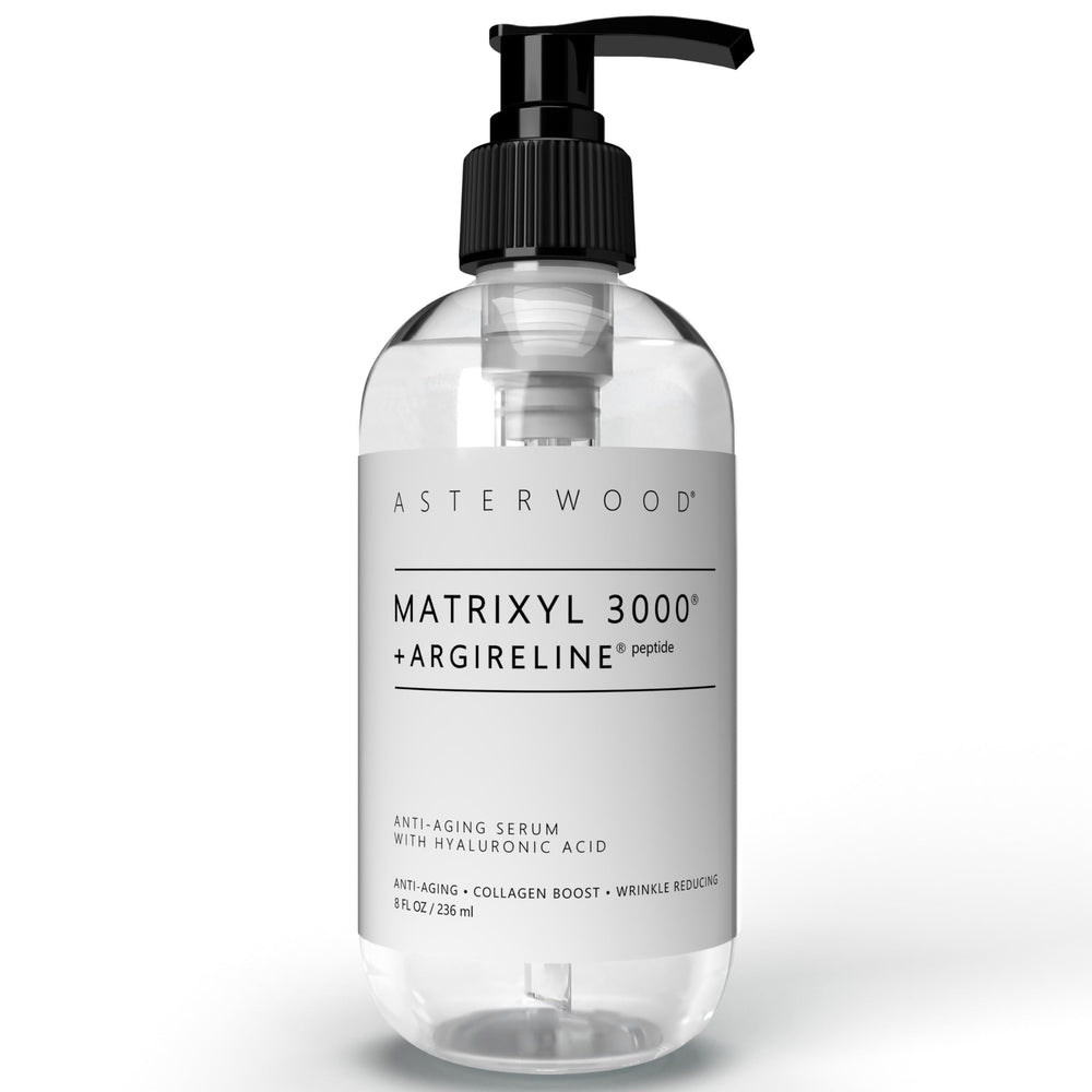 Asterwood Matrixyl 3000 + Argireline serum bottle highlights a peptide-based formula for firmer-looking skin.