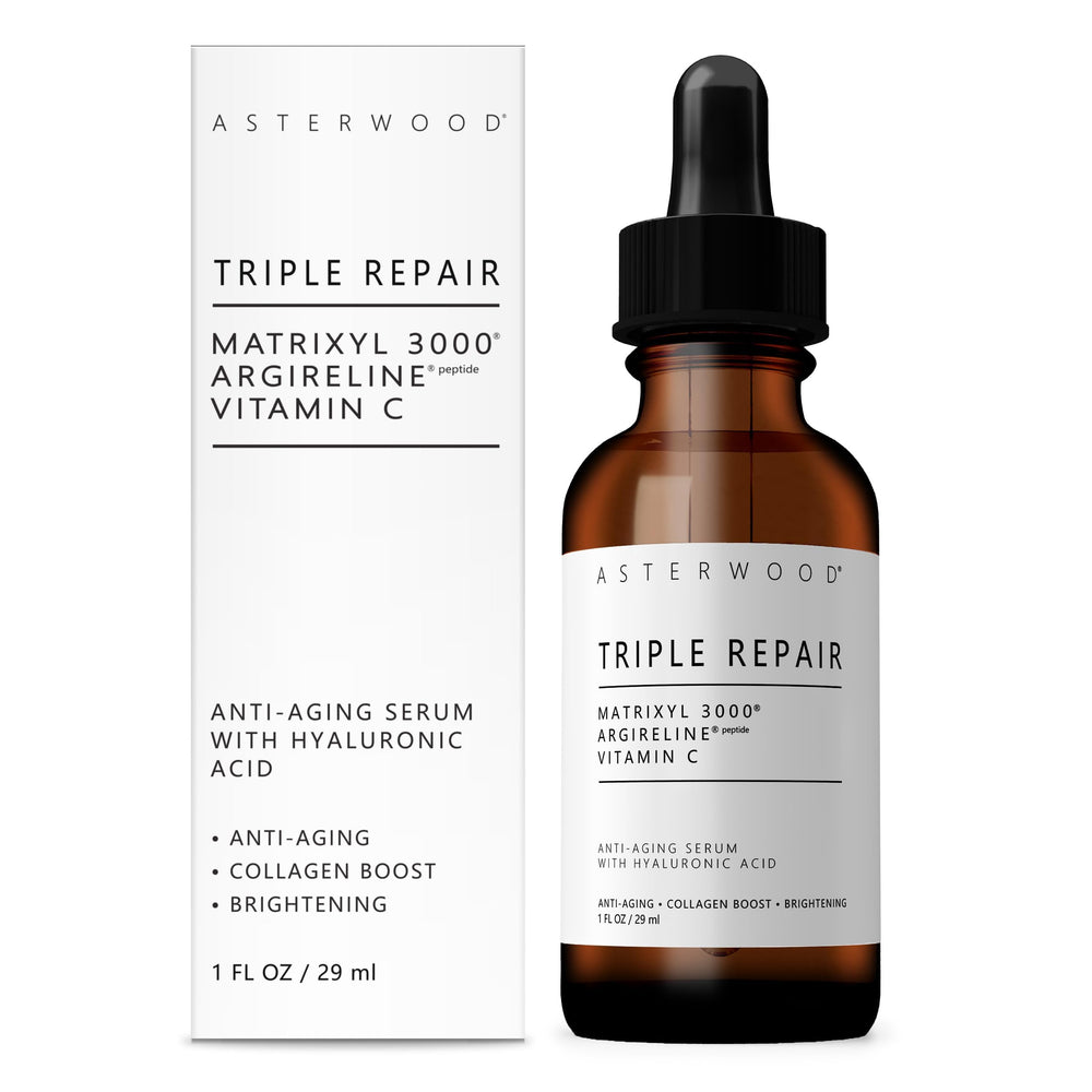 Asterwood Triple Repair Serum bottle shown for daily anti-aging care and hydration