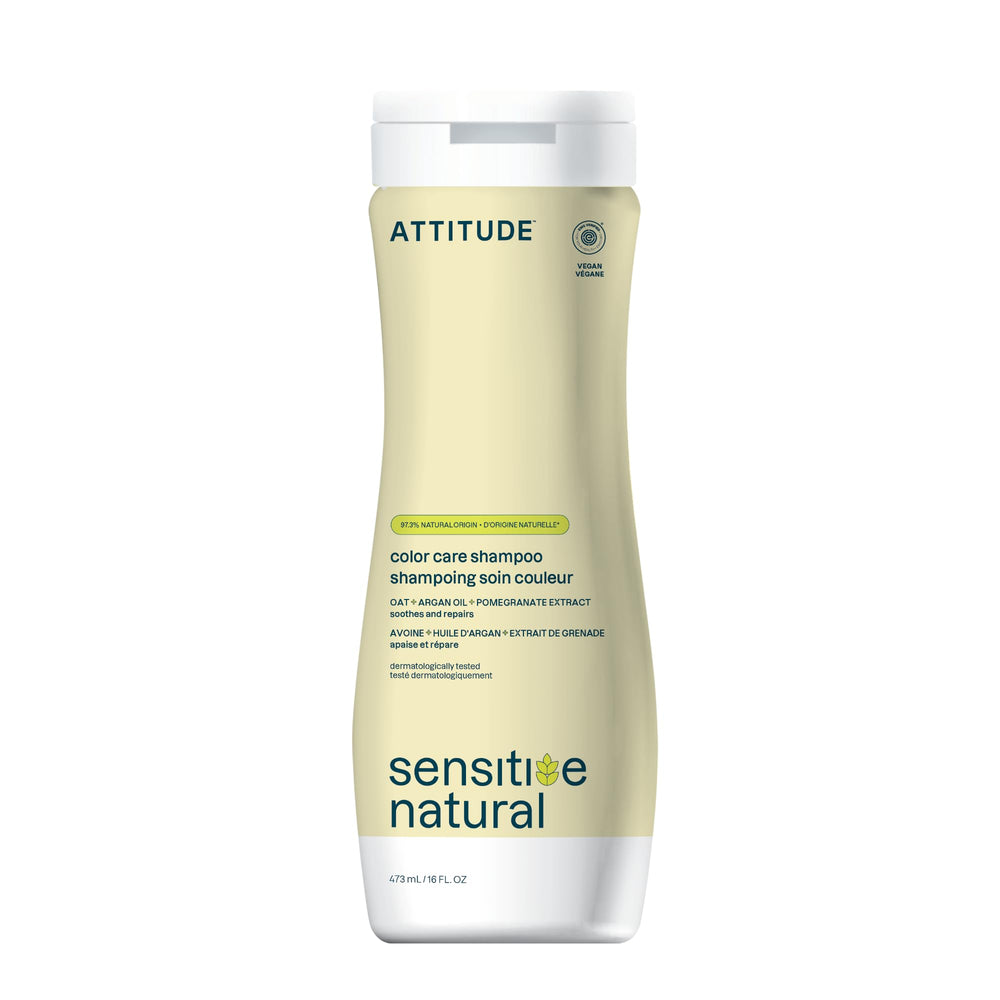 ATTITUDE hair shampoo bottle close-up, gentle formula for sensitive scalps and color care.