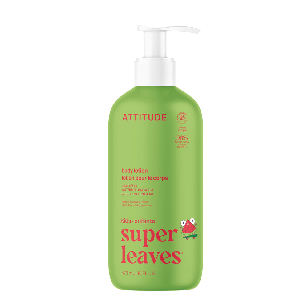 ATTITUDE Kids Lotion Watermelon-Coco bottle demonstrates clean, daily moisturizing for delicate skin.