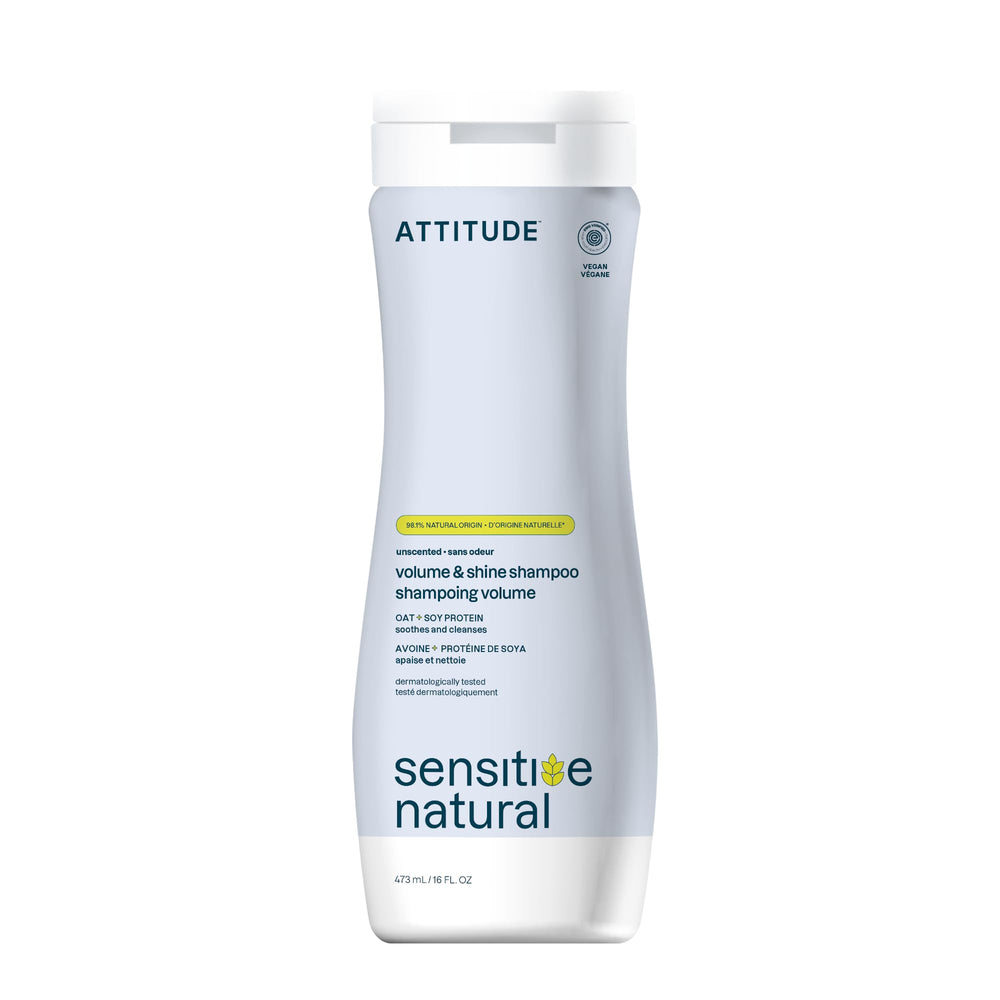 ATTITUDE Volume & Shine shampoo bottle, fragrance-free for sensitive scalps.