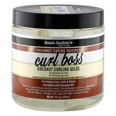 Aunt Jackie's Curl Boss Coconut Curling Gel bottle highlighting defined curls and hydrated shine.