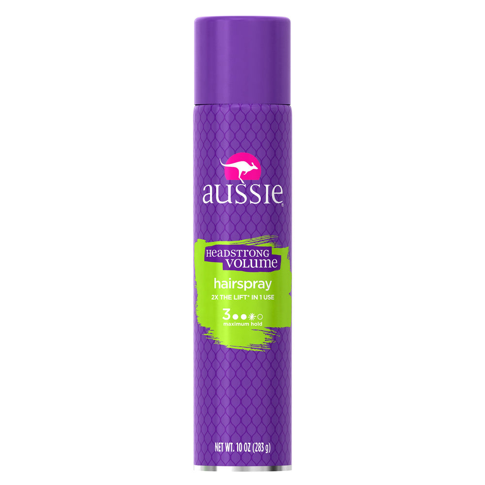 Aussie Headstrong Volume Spray bottle showing maximum hold for fuller hair.
