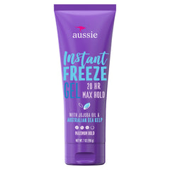 Aussie Instant Freeze Hair Gel bottle with jojoba oil and sea kelp for strong hold.