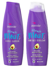 Aussie Miracle Moist shampoo bottle closeup highlighting hydration.