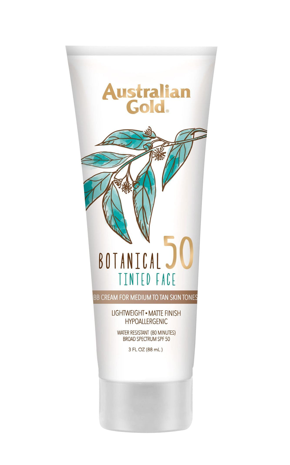 Australian Gold Botanical SPF 50 tinted mineral sunscreen bottle with matte finish for sensitive skin.