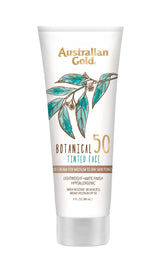 Australian Gold Botanical SPF 50 tinted mineral sunscreen bottle with matte finish for sensitive skin.