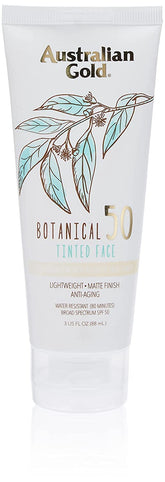 Australian Gold Botanical SPF50 tinted face lotion package on shelf signaling daily sun protection.