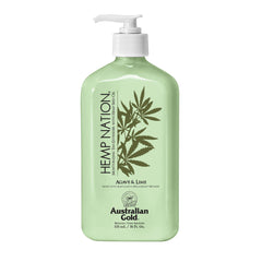 Australian Gold Hemp Nation Agave Lime tan extender bottle close-up showing color-enhancing formula for a balanced tan