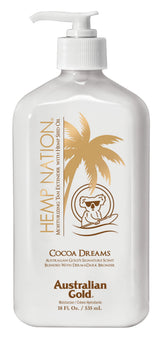 Australian Gold Hemp Nation Cocoa Dreams tan extender bottle highlights a hydrating vegan formula for everyday use.