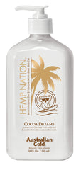 Australian Gold Hemp Nation Cocoa Dreams tan extender bottle highlights a hydrating vegan formula for everyday use.