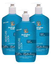 Australian Gold Moist Lock Tan Extender 3-pack bottle front shows moisture-lock appeal for longer tan